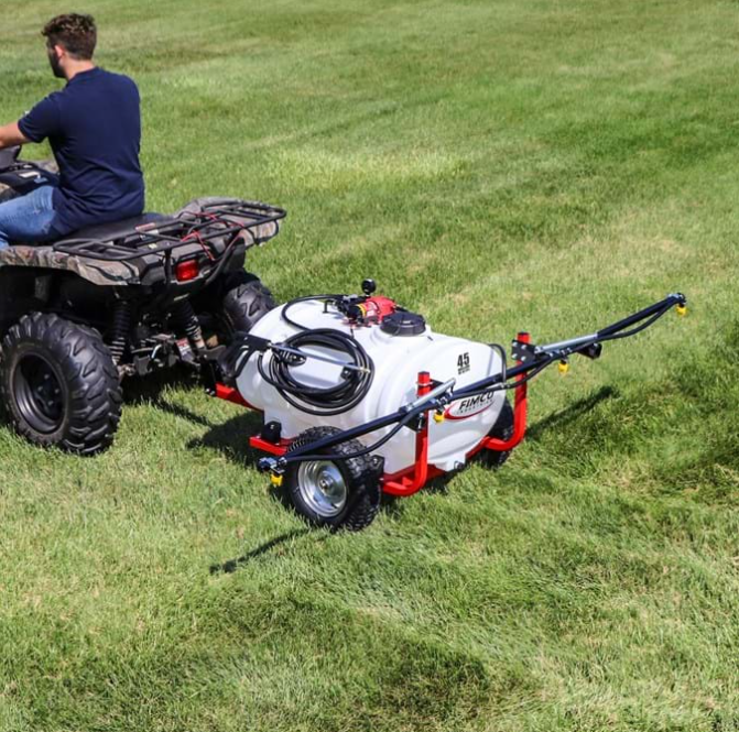 Trailer Sprayer 170L 12V with 4-nozzle boom; white tank on a red frame towed by ATV (DGT Agri)