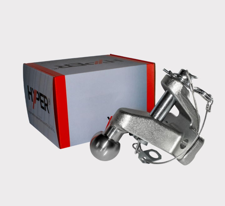 Tow ball 50mm chrome flange type with pin for hitch, by DGT Agri, shown beside its Hyper branded box for packaging.
