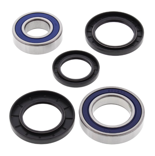 Rear wheel bearing kit for Yamaha Timberwolf 250; 5-piece set with blue-sealed bearings and black seals.