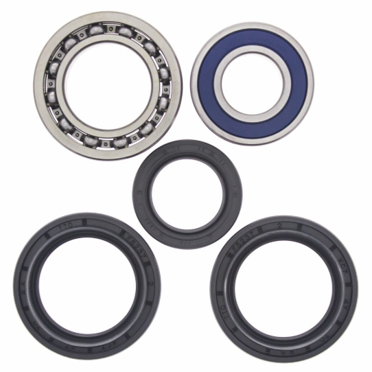 Rear wheel bearing kit (5-piece) for Yamaha YFM250/350/400, includes ball bearing, blue seal and black rubber seals.