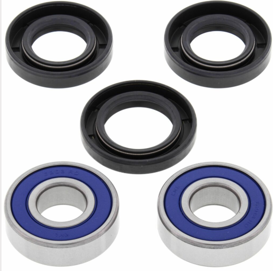 Front wheel bearing kit for Kawasaki/Suzuki (1983–2014), 5-piece set with black housings and blue bearings.
