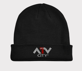 ATV City fleece beanie in black with folded cuff and ATV City logo embroidered on the cuff