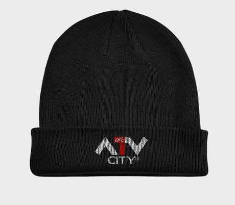 ATV City fleece beanie in black with folded cuff and ATV City logo embroidered on the cuff