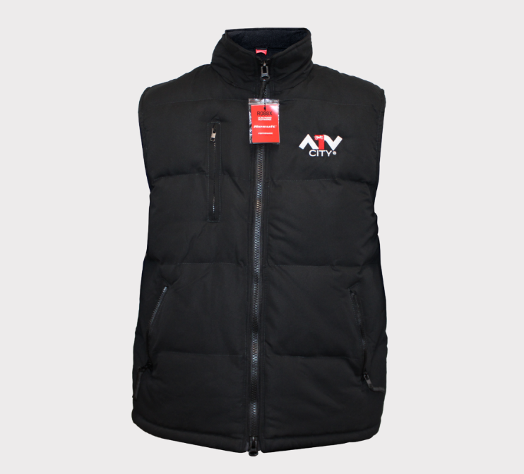 ATV City black insulated body warmer vest, Large, zip front, chest and side pockets, ATV City logo
