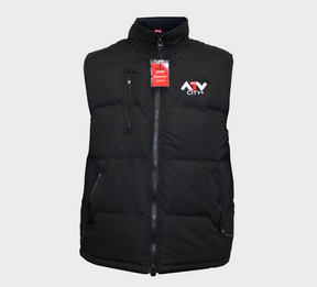 ATV City black insulated body warmer vest, Large, zip front, chest and side pockets, ATV City logo