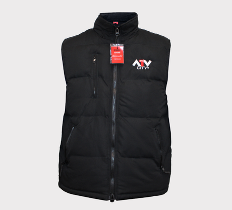 ATV City black insulated body warmer vest, Large, zip front, chest and side pockets, ATV City logo