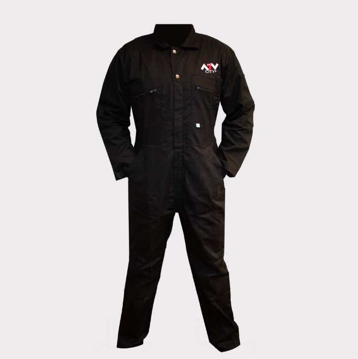 ATV City black coveralls, large size, chest logo, front snap-placket, long sleeves for workwear, durable.