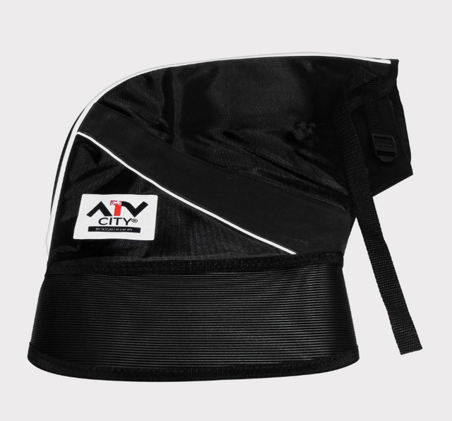 ATV City handlebar mittens, black waterproof-lined motorcycle hand guards with white piping and DGT Agri branding.