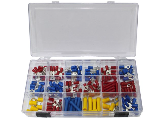 Solderless terminal connector kit by DGT Agri - 18 types, 175 pcs, clear case with red, blue, yellow terminals