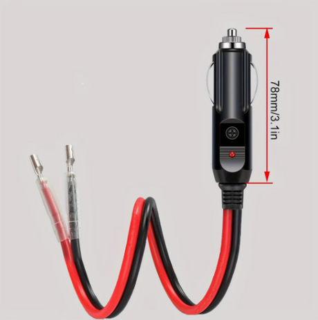 DGT Agri male cigarette lighter plug, black body with red/black wires, 78mm long, 12V 15A fused