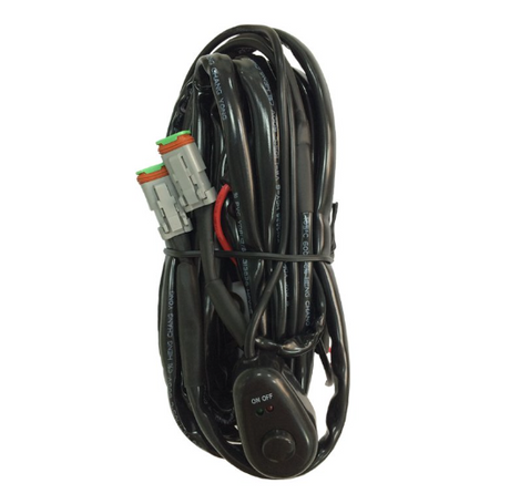 Hyper LED light bar wiring loom, 24V double connector, coiled black cables with gray plugs and inline switch.