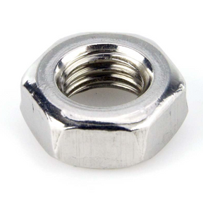 Hex nut M10 x 1.25, metal finish, close-up view of thread