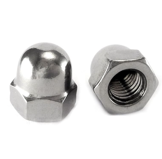 Dome nuts M10 x 1.25, chrome finish; 2 nuts shown