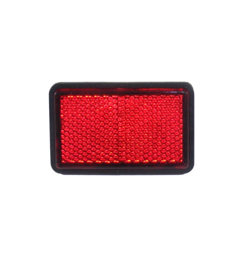 Rectangular red reflector with black outer frame and textured reflective surface