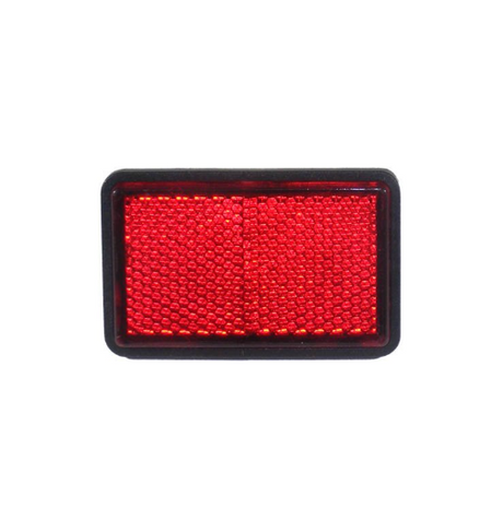 Rectangular red reflector with black outer frame and textured reflective surface