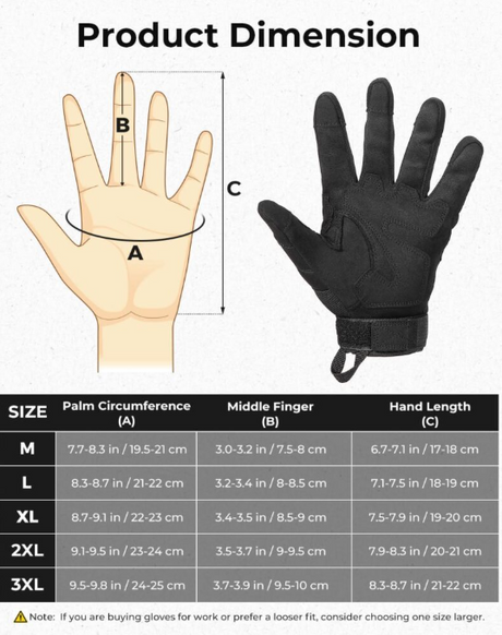 Tan motorcycle tactical gloves X-Large; PPE safety gear with size chart and dual-view glove image.
