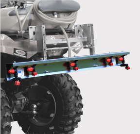 C-Dax MultiBoom ATV spray boom, 1.5–4.5 m, blue aluminum boom with red nozzle fittings mounted on a rugged ATV