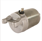 Starter motor for Can-Am DS 450/DS 450X ATV, metallic silver cylindrical unit with mounting lugs