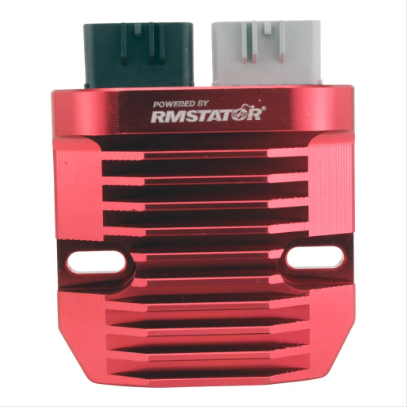 Voltage regulator by RMSTATOR, red aluminum housing with cooling fins and dual top connectors.