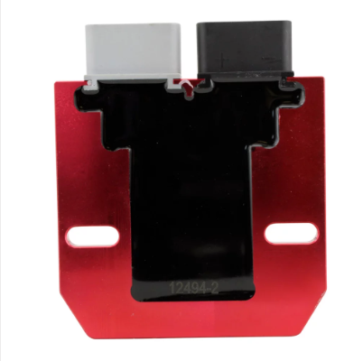 Voltage Regulator & ECM Bypass Harness Kit module on a red bracket with gray and black connectors