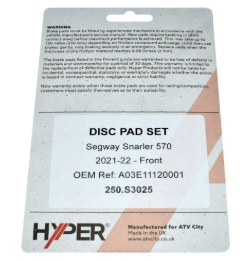Front Disc Pad Set for Segway Snarler 570 ATV (2021–22) by Hyper – Ref A03E11120001, 250.S3025