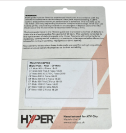 Rear brake pad set for CFMoto CForce/UForce/ZForce ATVs/UTVs (2018–2022) with Hyper logo.
