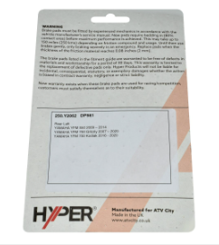 Brake pads: Hyper rear left-hand disc brake pad set for Yamaha YFM550/YFM700 Grizzly/Kodiak ATVs (2007–2024)