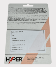 Rear disc brake pad set for ATVs; ATV City packaging with Hyper logo, fits Kawasaki KSF400/KFX400 and Suzuki LTZ400.