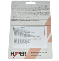 Front/Rear Disc Brake Pad Set for ATVs (Honda, Yamaha, Kawasaki, Suzuki) with Hyper branding on ATV City packaging