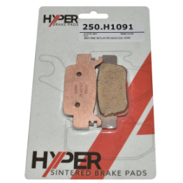 Front left-hand disc brake pad set, two copper-colored Hyper sintered pads in blister pack.