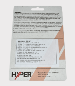 Front disc brake pad set by Hyper for ATVs, compatible with Kawasaki, Suzuki, Yamaha, Polaris, Honda, Loncin, Hyosung.