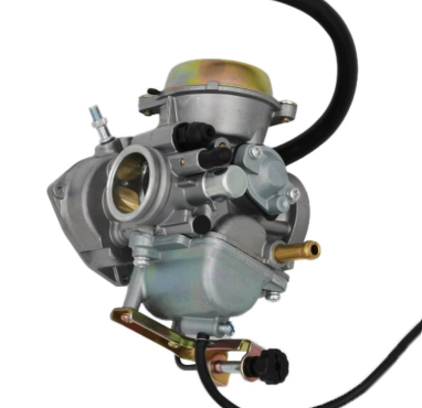 Carburetor assembly for Suzuki LTF250 Ozark ATV, metallic aluminum body with black hose and brass inlet.