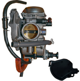 Carburetor assembly for Kawasaki KVF400 Prairie ATV by ATV City, 1997-2002; silver-gray body with brown top and black hoses.