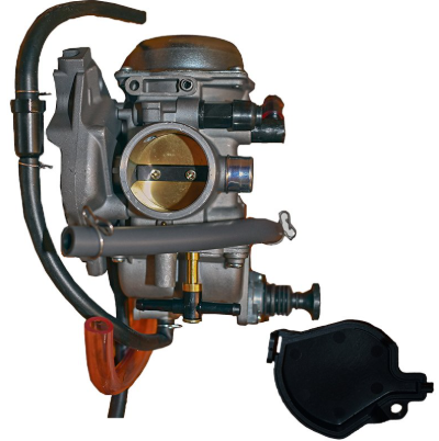 Carburetor assembly for Kawasaki KVF400 Prairie ATV by ATV City, 1997-2002; silver-gray body with brown top and black hoses.