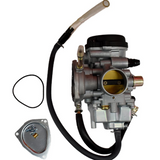 Carburetor Assembly for Yamaha YFM350 Grizzly ATV; silver metal body with black fuel hose and gasket