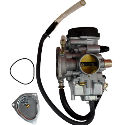 Carburetor Assembly for Yamaha YFM350 Grizzly ATV; silver metal body with black fuel hose and gasket
