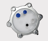 Fuel pump assembly for ATV with round white plastic housing, metal flange, and blue plugs