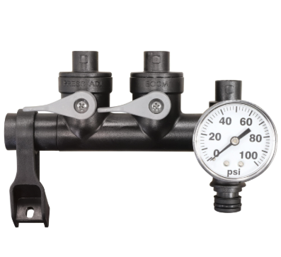Fimco ATV Sprayer and Boom with black plastic manifold, three nozzles, and pressure gauge