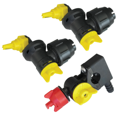 Fimco ATV Sprayer and Boom fittings set; black and yellow plastic connectors with a red nozzle (3 pieces)