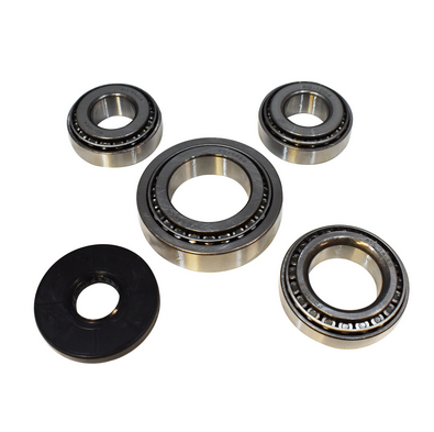 Rear differential bearing and seal kit components for Polaris Ranger 2007–2014: five components including four bearings and a black seal.
