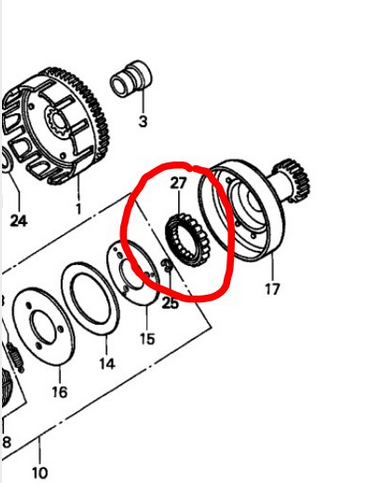 One-Way Clutch Bearing; exploded view diagram with circled part 27 in an ATV clutch assembly.