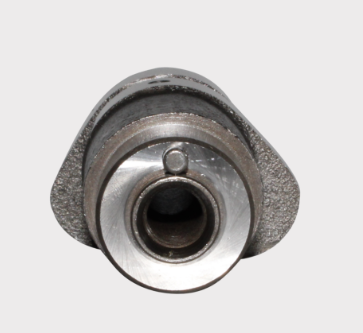 Camshaft end view in polished silver metal showing central bore and mounting surface for ATV camshafts