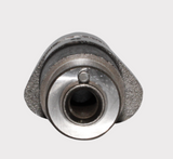 Camshaft end view in polished silver metal showing central bore and mounting surface for ATV camshafts