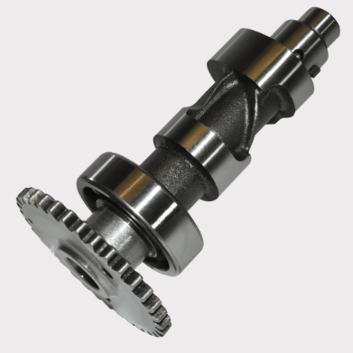 Camshaft with gear sprocket; metallic silver steel engine component