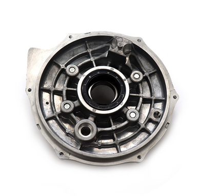 Rear brake backing plate for ATVs, circular silver metal plate with central hub, ATV City brand.