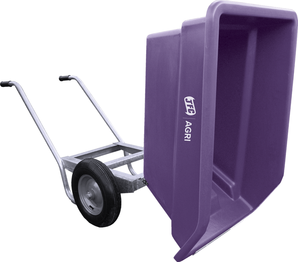JFC Agri 250L tipping wheelbarrow, purple heavy-duty polyethylene tub with pneumatic wheel