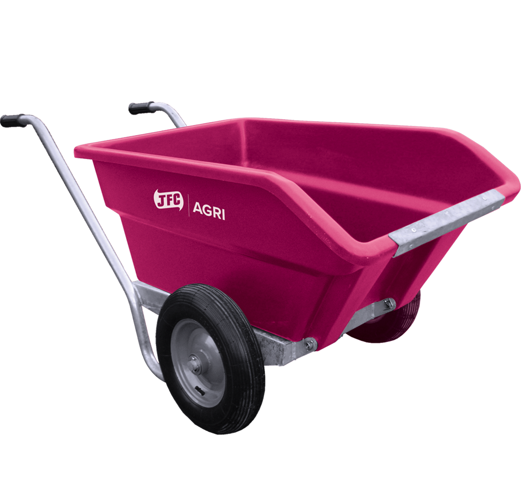 JFC Agri 250L tipping wheelbarrow, pink heavy-duty polyethylene with pneumatic wheel