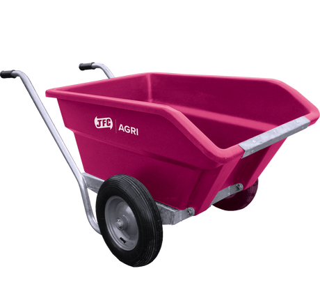 JFC Agri 250L tipping wheelbarrow, pink heavy-duty polyethylene with pneumatic wheel