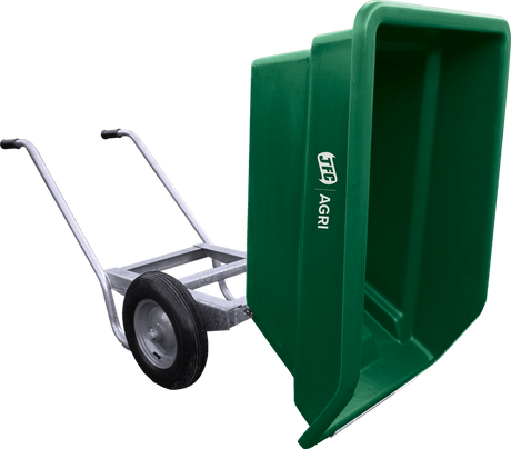JFC Agri 250L tipping wheelbarrow with green polyethylene tub and pneumatic front wheel