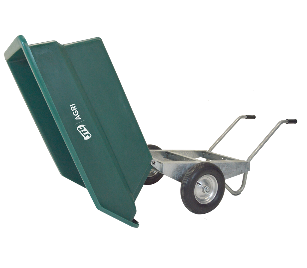 JFC Agri 400L tipping wheelbarrow with green tub and pneumatic wheels